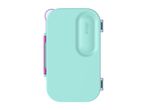 Mint green lunchbox with pink and purple accents, featuring a spoon and a debossed logo.