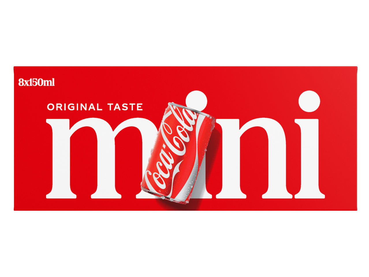Rode verpakking van mini-blikjes frisdrank met de tekst 'mini' en 'original taste'.