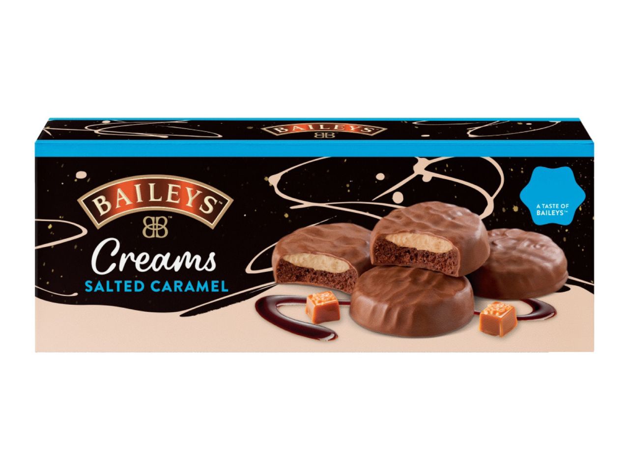 Baileys Salted Caramel Creams chocolate box with chocolates and caramel pieces.
