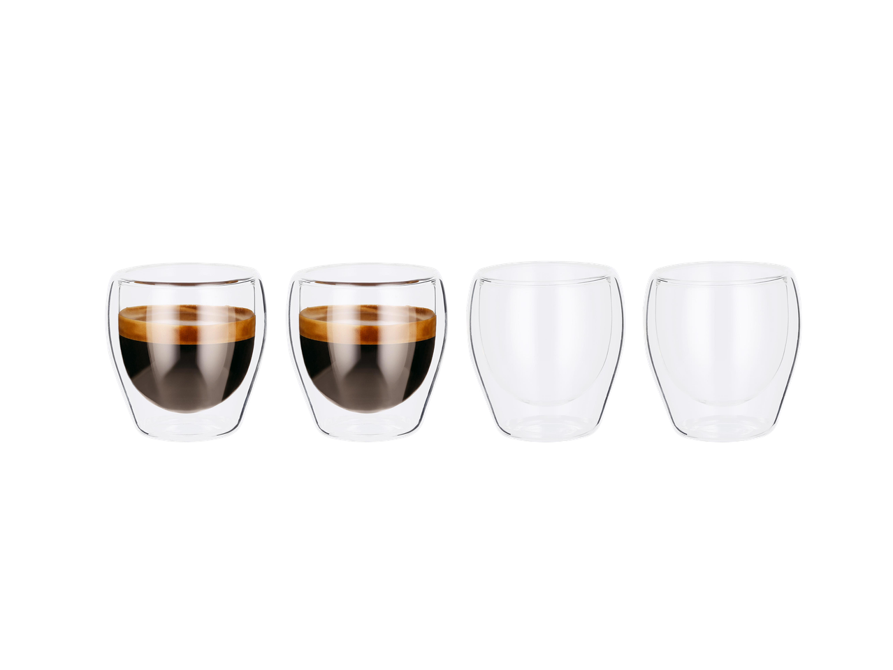 Négy dupla falú üvegpohár, kettő eszpresszóval, kettő üresen.