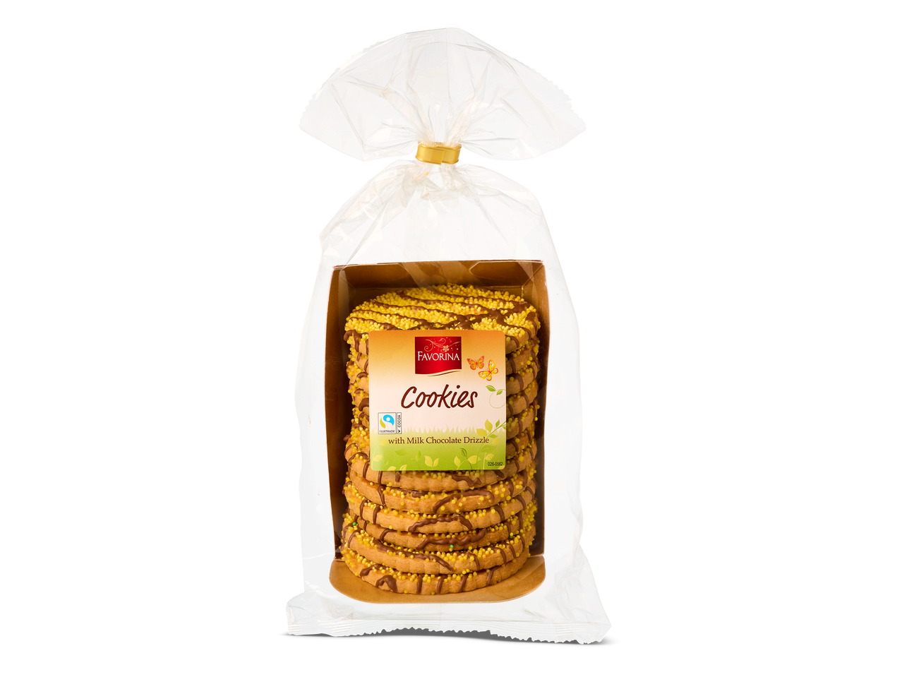 Een zak met koekjes met melkchocolade drizzle en gele hagelslag.