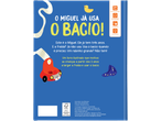 Capa de livro infantil: 'O Miguel Já Usa o Bacio!' com um bacio vermelho em forma de carro.