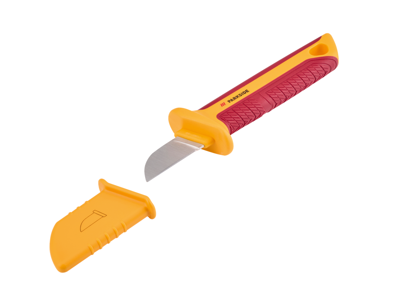 Parkside® 1000 V kaablinuga punase-kollase käepideme ja kaitsekorgiga.