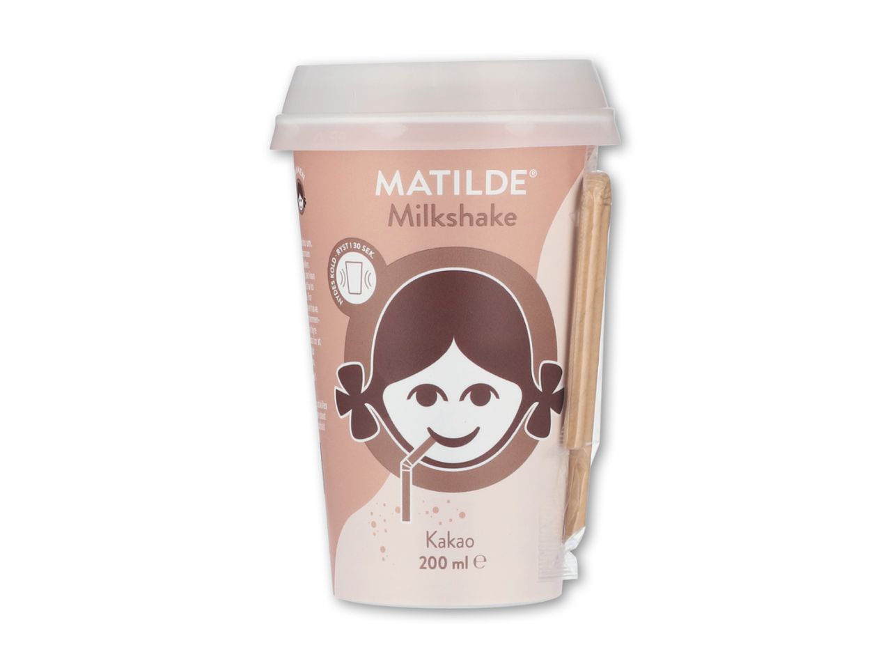 Kakao milkshake i en kop med et smilende ansigt og en sugerør, 200 ml.
