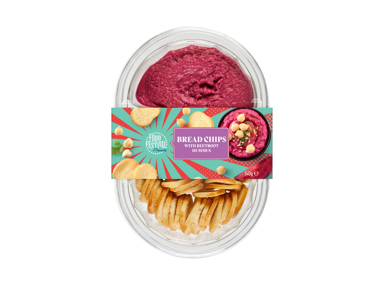 Опаковка с хумус от червено цвекло и хлебни чипсове, с етикет „BREAD CHIPS WITH BEETROOT HUMMUS“.