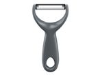 Gray vegetable peeler with a metal blade and a hole in the handle