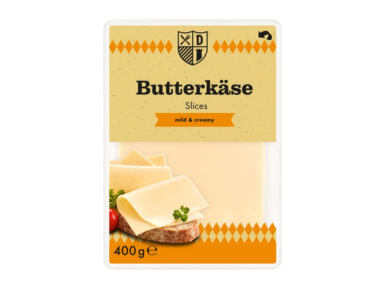 A package of Butterkäse cheese slices, 400g.