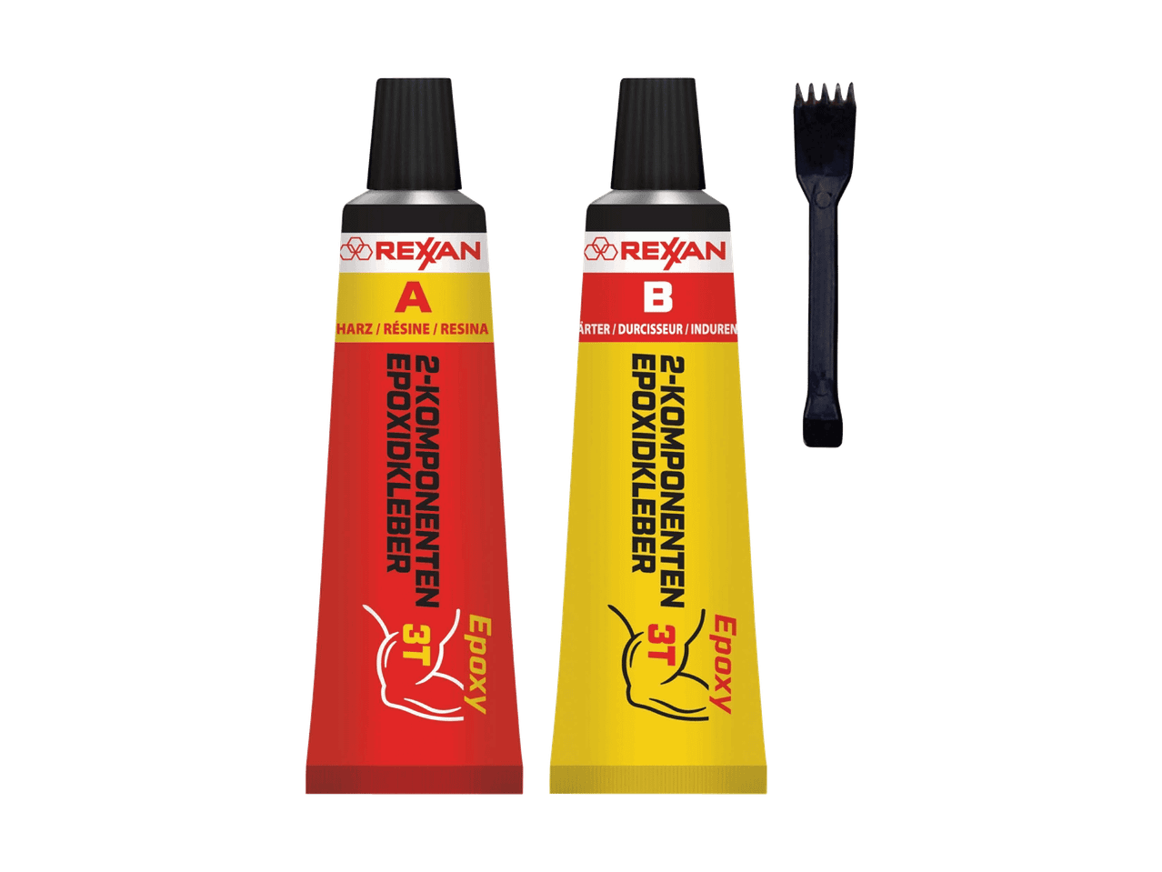 Due tubetti di colla epossidica bicomponente, uno rosso e uno giallo, con una spatola nera.