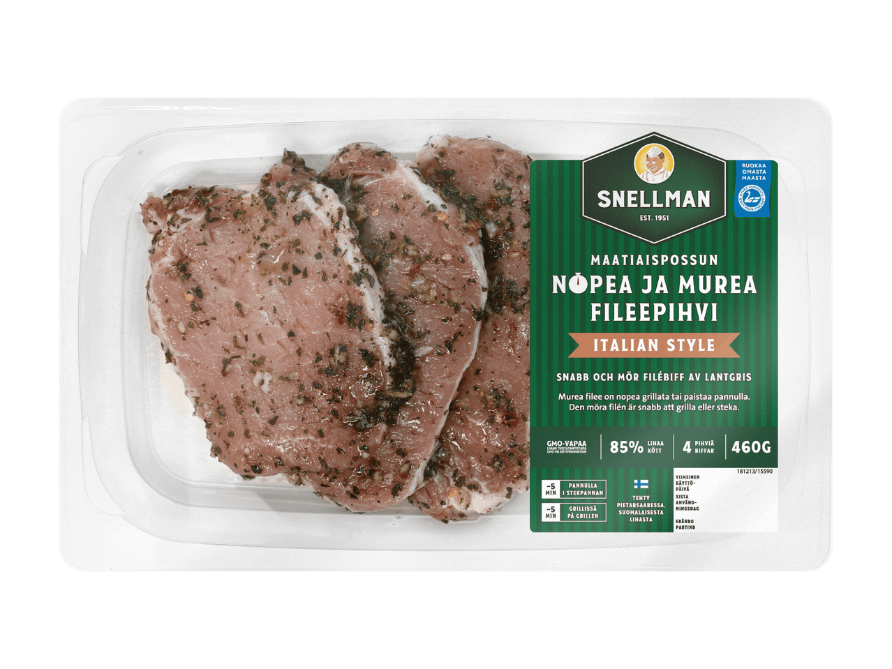 Pakkaus maustettuja porsaan ulkofileepihvejä yrttimarinadissa.