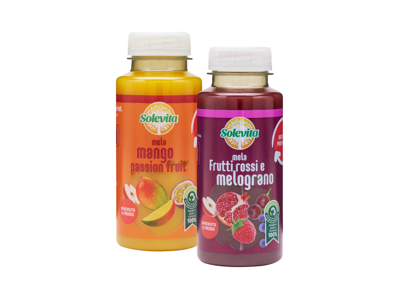 Due bottigliette di succo Green Valley: mango e pesca, frutti rossi e mirtilli.