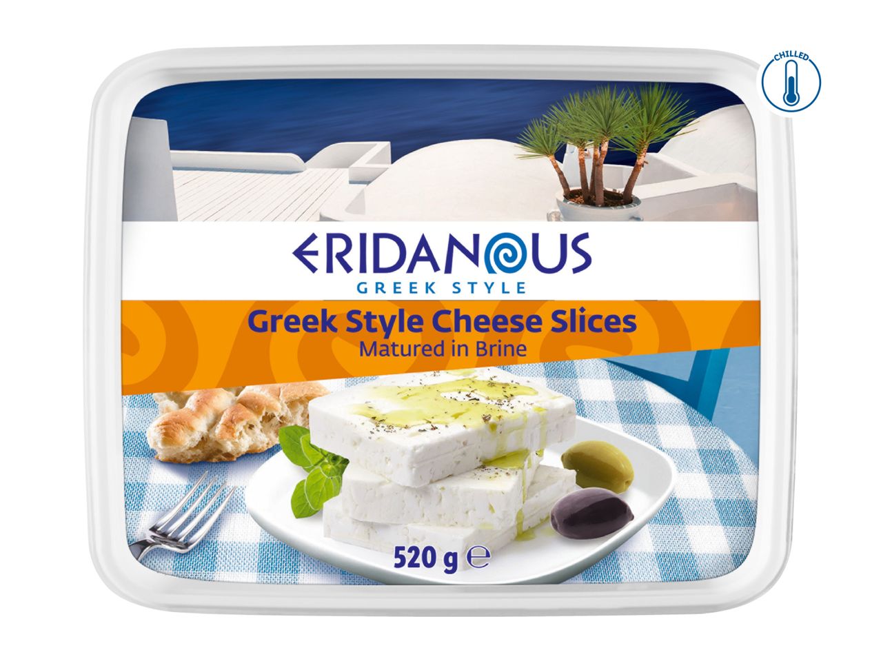 Eridanous Greek Style Cheese Slices, matured in brine, with olives and bread.