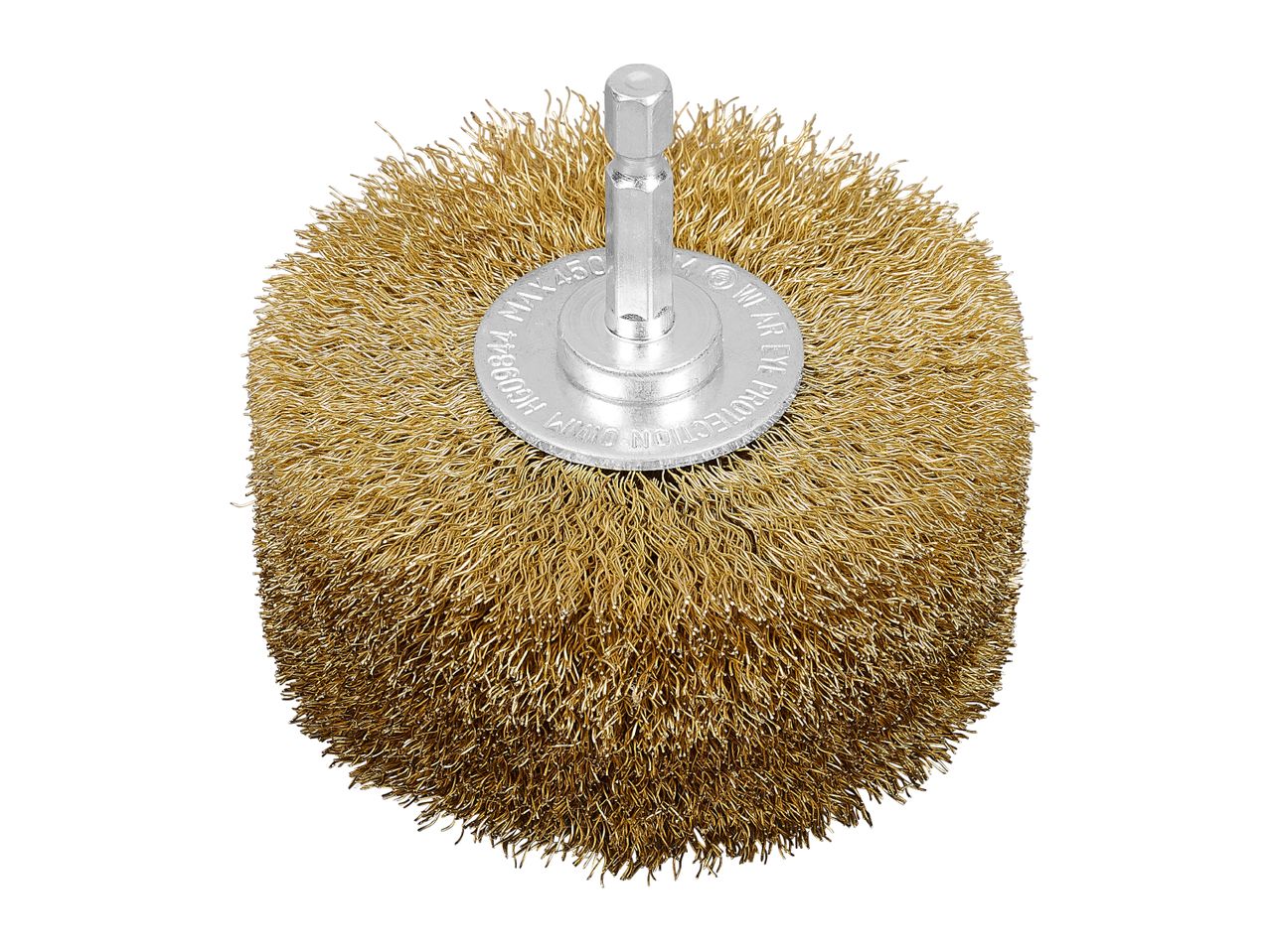 A brass wire brush wheel with a silver metal shank.