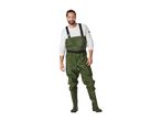 Man wearing green chest waders with boots and a white long-sleeved shirt