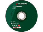 A green Parkside cutting disc with safety icons and size specifications.