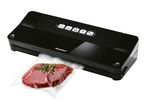 A black vacuum sealer machine by Bomann seals a bag of meat.