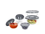 Conjunto de taças de vidro SILVERCREST® com tampas cinzentas, contendo salada, molho e azeitonas.