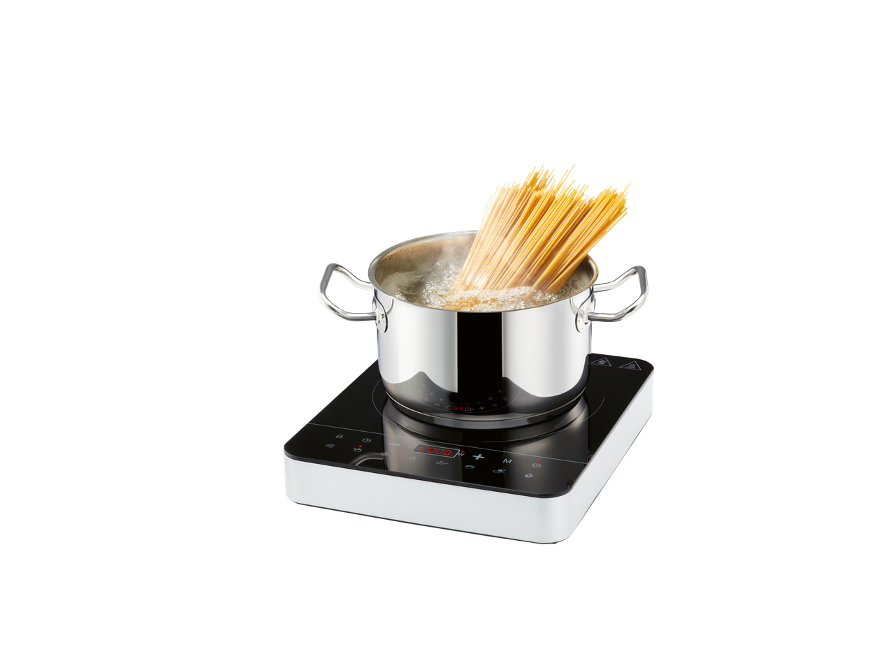 Elektripliit potiga, milles keevad spagetid.