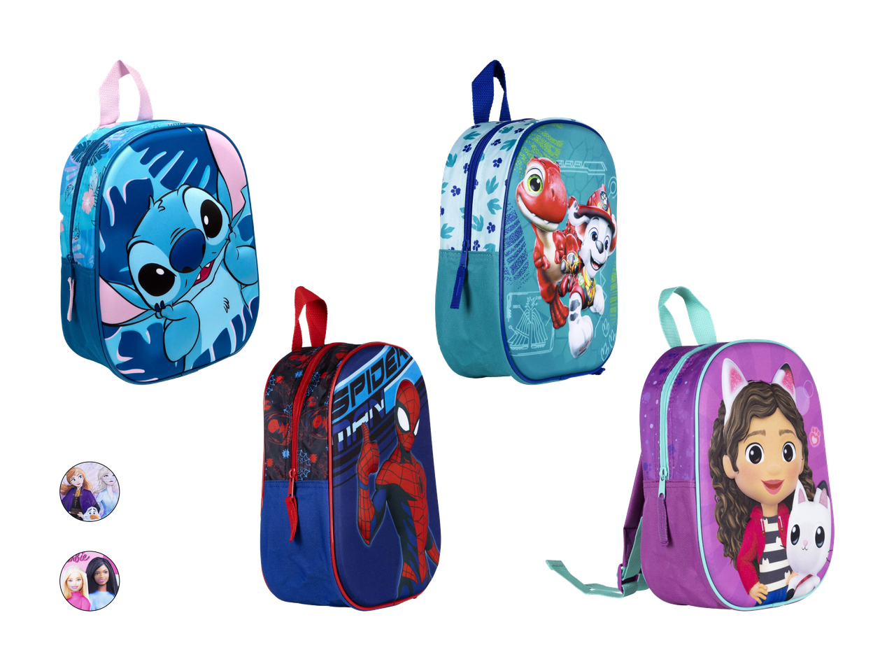 Quatre sacs à dos pour enfants avec des personnages de dessins animés et deux images rondes de poupées et de personnages