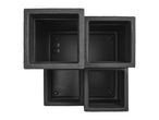 Top-down view of four interconnected black square planters with textured surfaces.