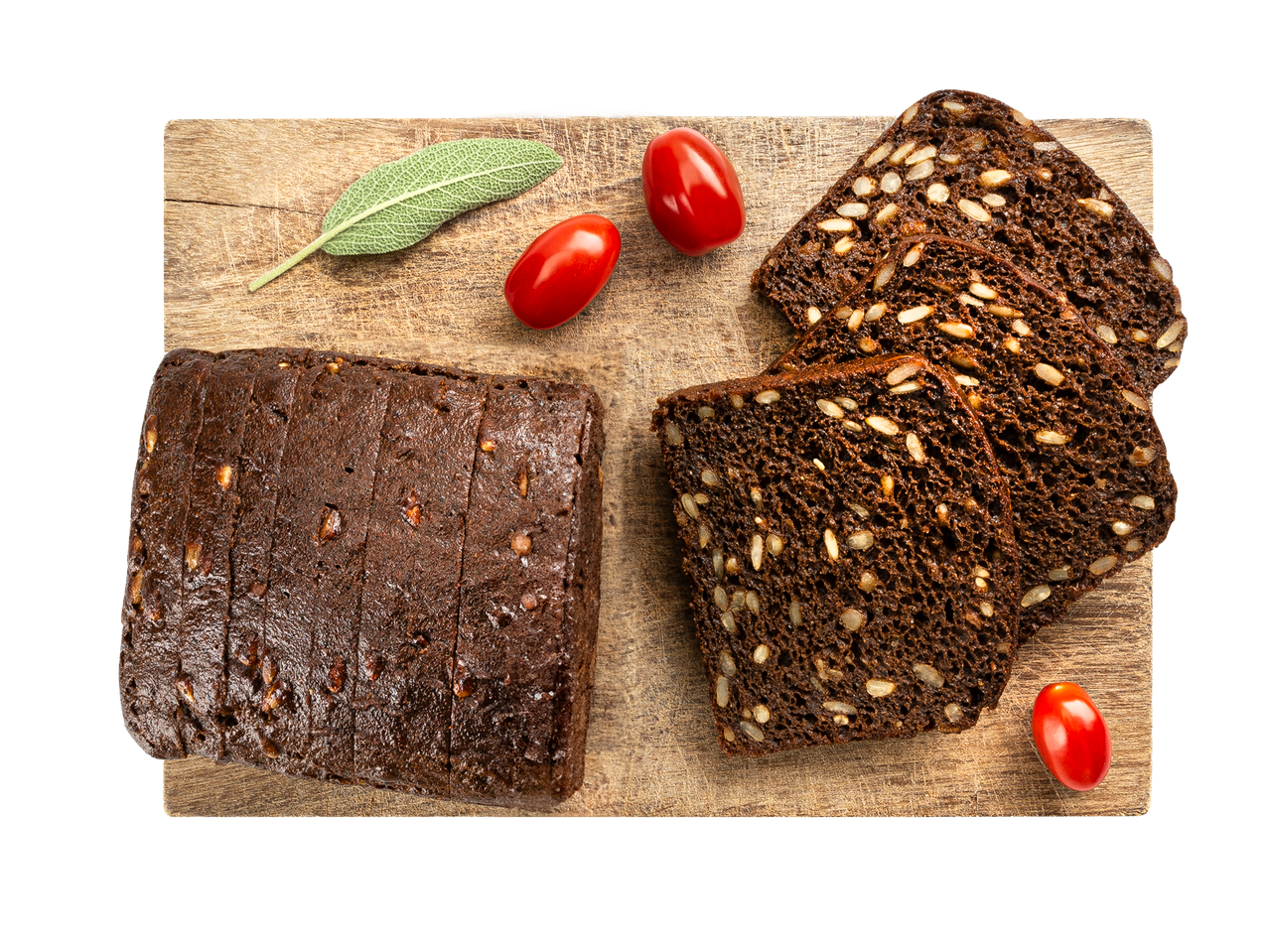 Jorė juoda duona su saulėgrąžomis, supjaustyta, su vyšniniais pomidorais ir šalaviju.