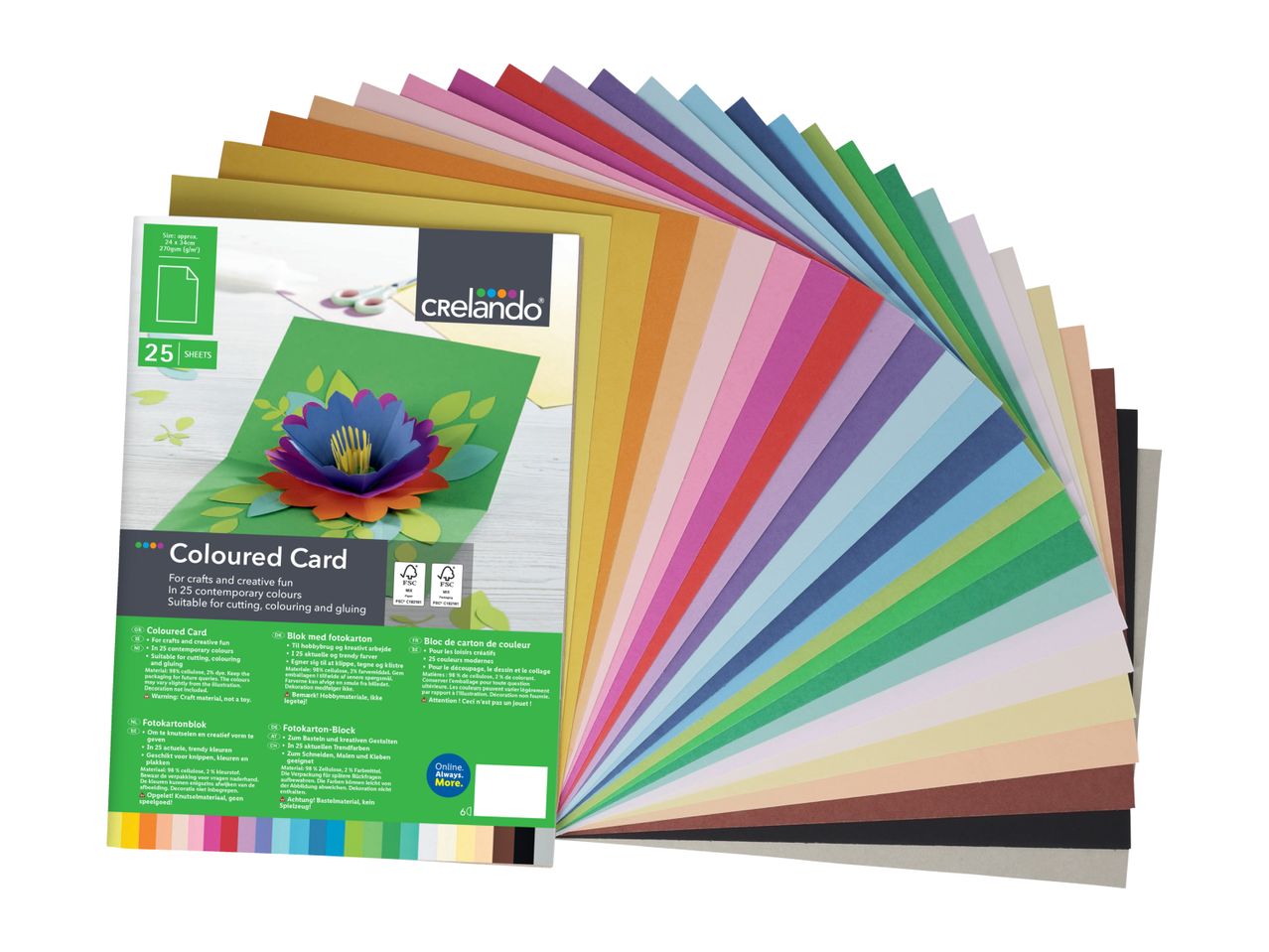 Crelado Coloured Card pack with 25 sheets in various colors, suitable for crafts.