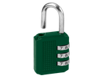 A green combination padlock with a silver shackle is shown unlocked.