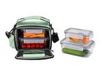 Mint green lunch bag with food containers filled with vegetables