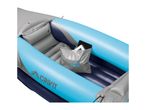 Inflatable kayak with a grey storage bag containing a tablet and other items.