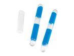 Two blue liquid-filled test tubes and a clear plastic cap on a white background.