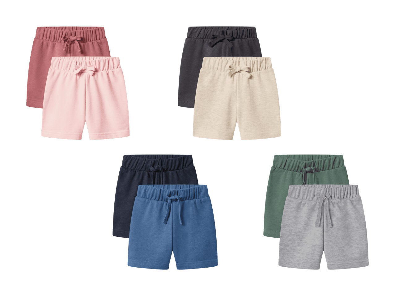 Set aus Shorts in verschiedenen Farben: Rosa, Beige, Blau, Grau, Grün und Schwarz.