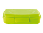 A vibrant green plastic lunch box with a hinged lid and secure clasp.