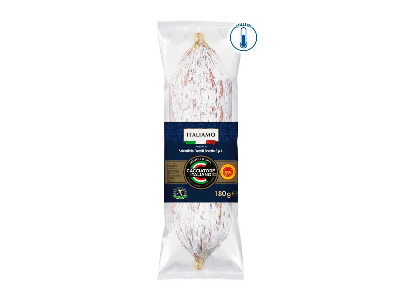 Packaged Italian salami, 180g, with a 'chilled' label and 'Cacciatore Italian DOP' certification.