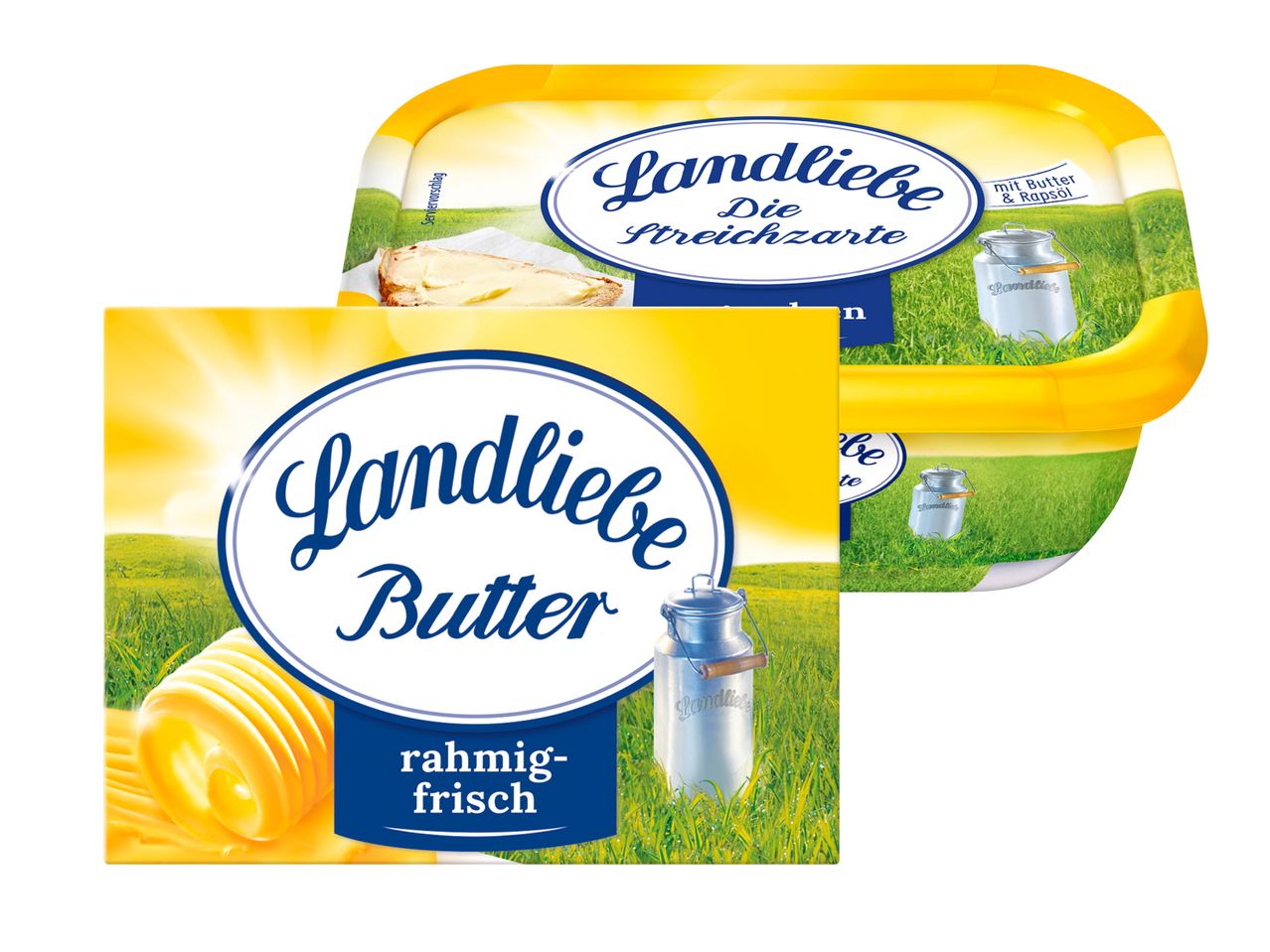 Landliebe Butter: Packung und Schale der cremigen Streichzubereitung.