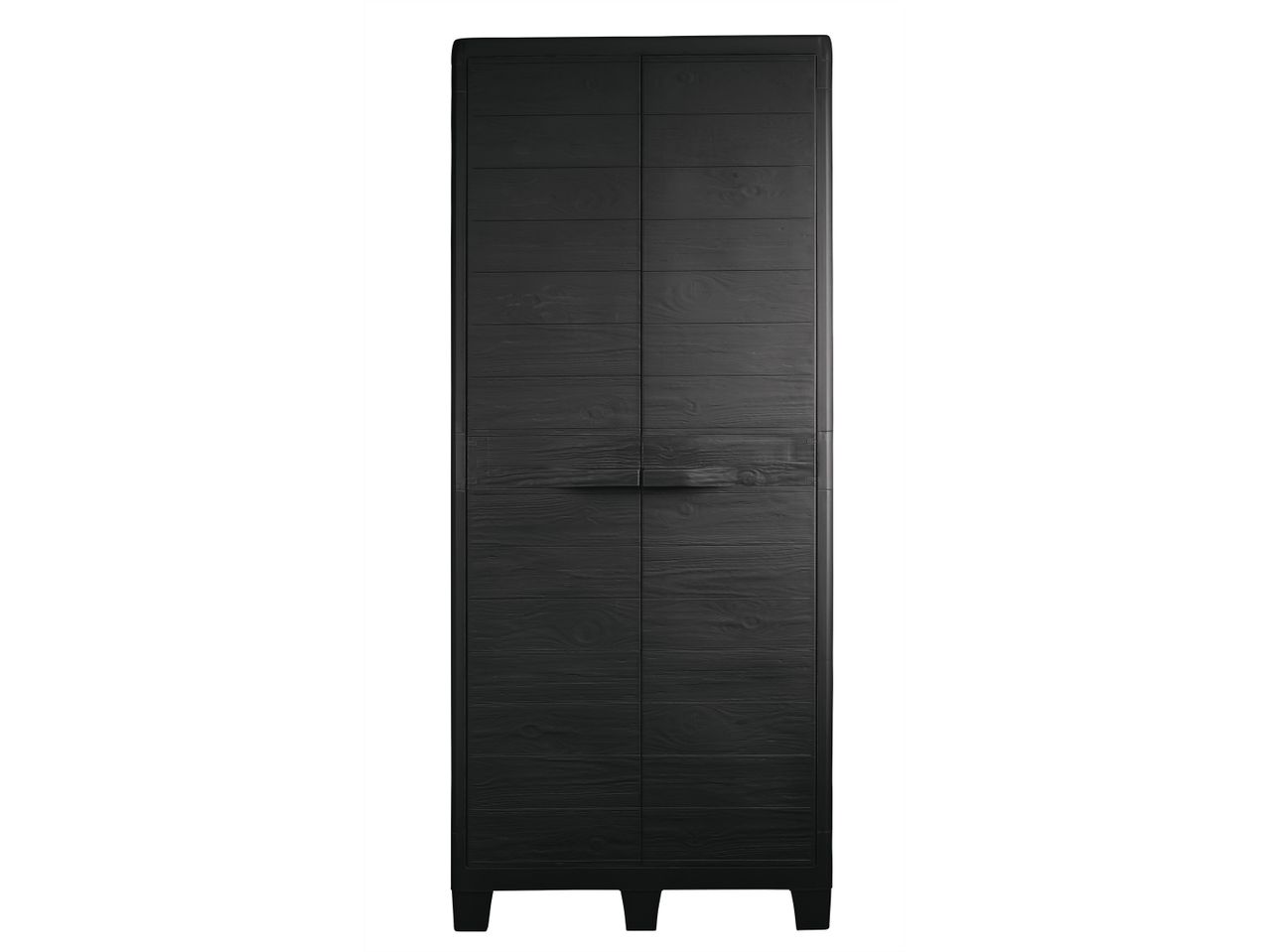 Tall black wooden cabinet with two doors and a horizontal handle