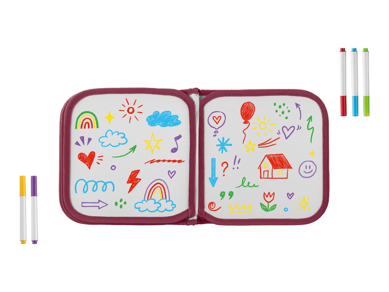 Open drawing book with colorful doodles and five markers.