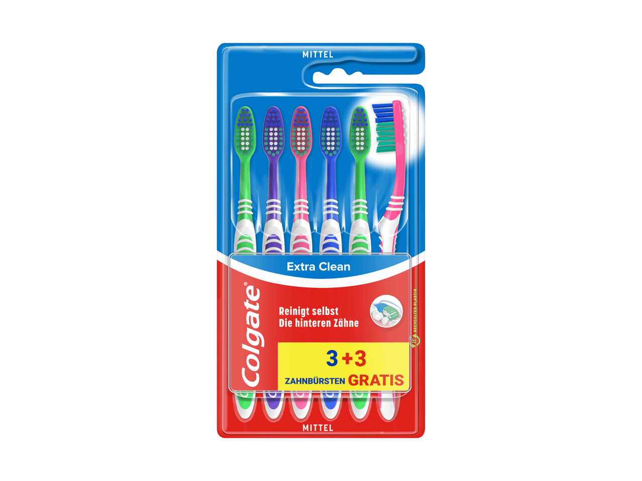 Packung Colgate Extra Clean Zahnbürsten mit 6 bunten Zahnbürsten.
