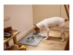 A dog eating from a bowl on a grey silicone feeding mat.
