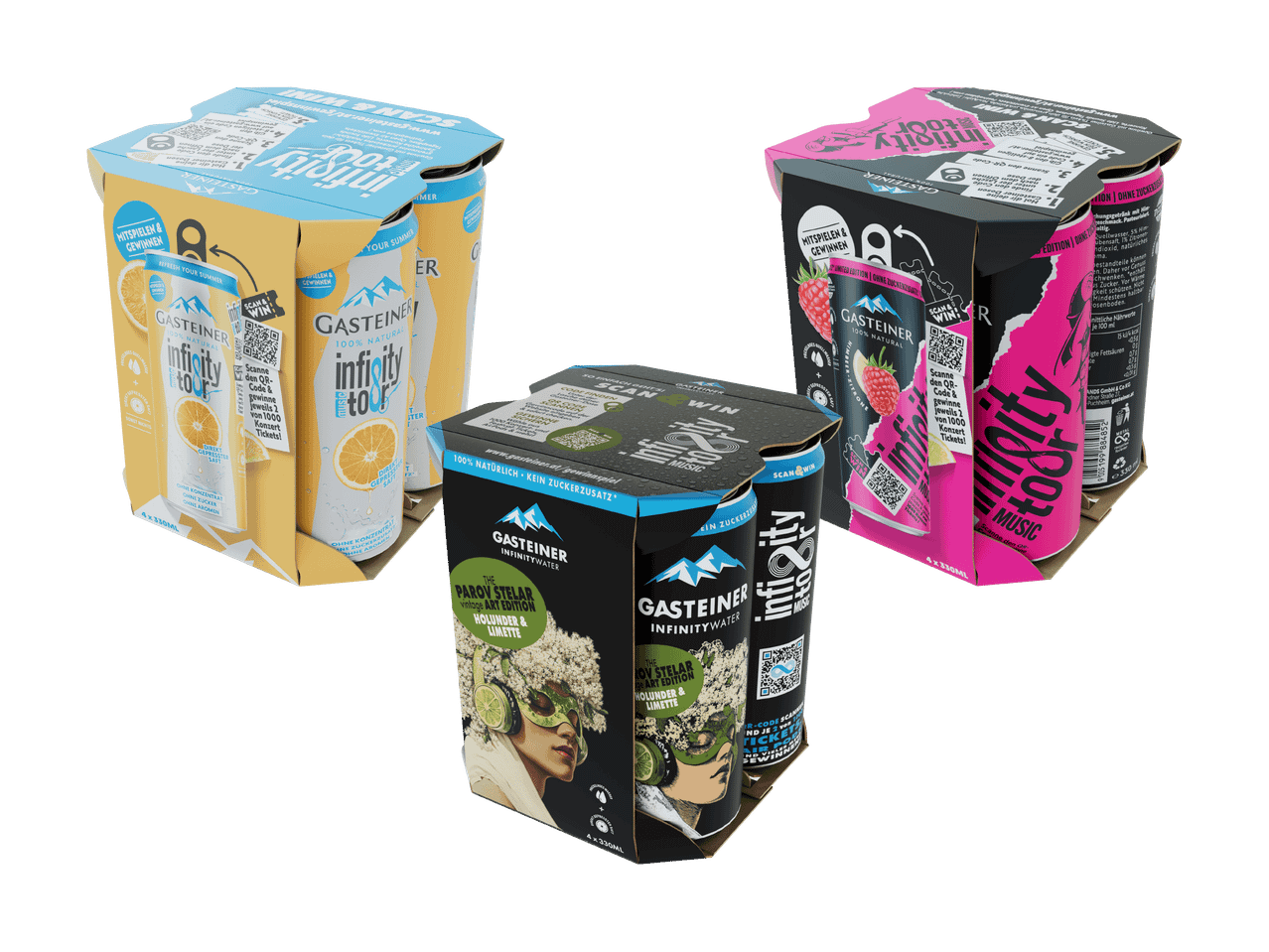 Drei verschiedene Mehrfachpackungen von Dove-Deodorants in verschiedenen Farben.