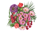 Buchet de flori cu trandafiri, garoafe și crizanteme.