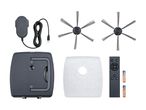 Robot vacuum cleaner accessories including charging dock, side brushes, filter, remote control, and batteries.