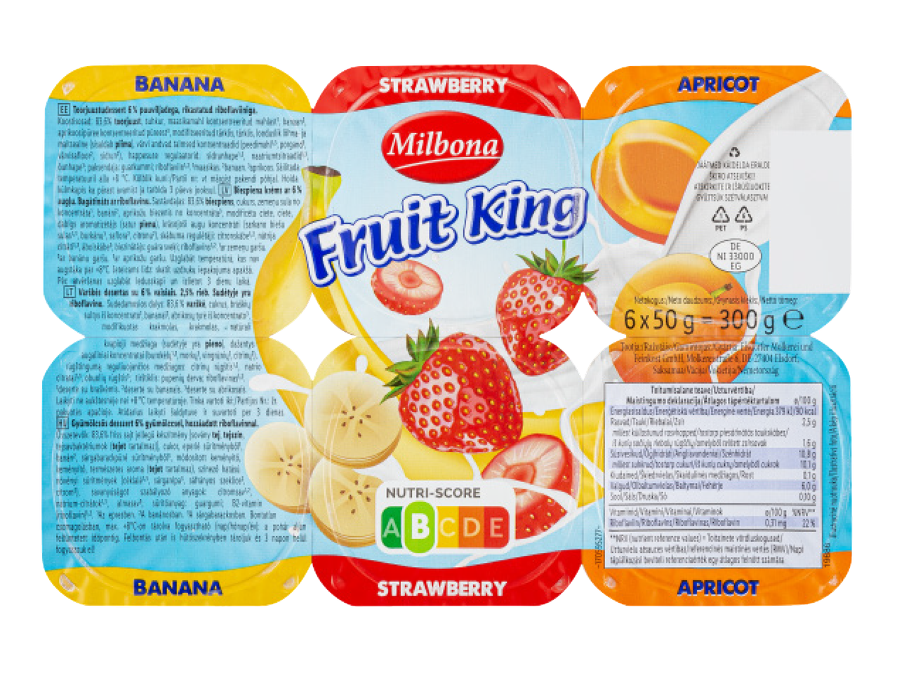 Milbona Fruit King jogurtid banaani, maasika ja aprikoosi maitsega, Nutri-Score A