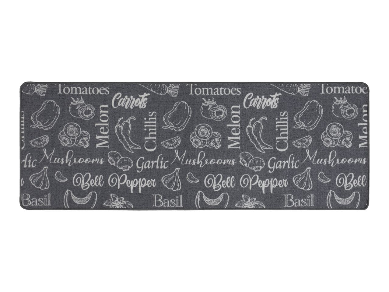 Grey kitchen runner rug with white vegetable illustrations and names