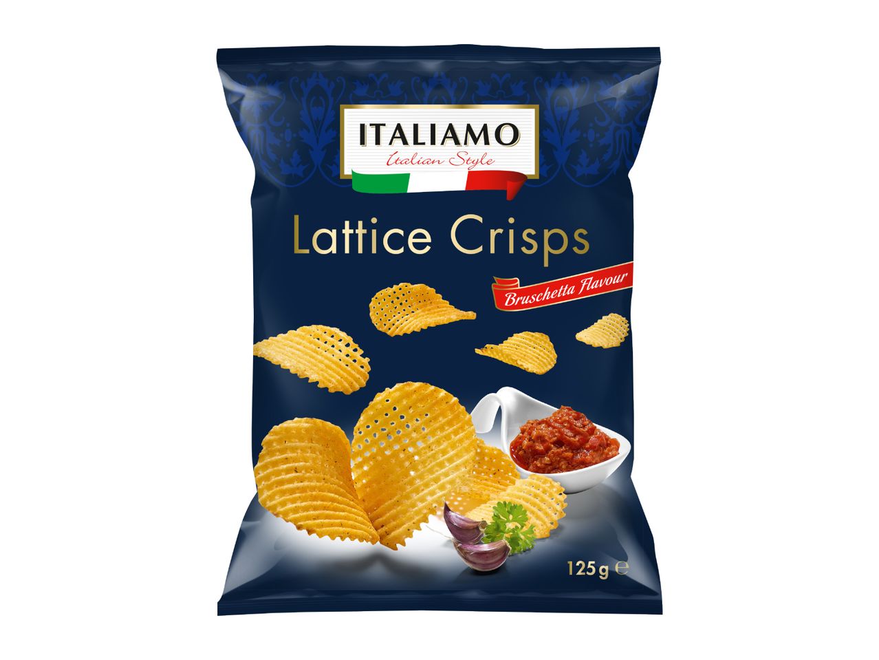 A bag of lattice crisps with bruschetta flavor, featuring a bowl of bruschetta and garlic.