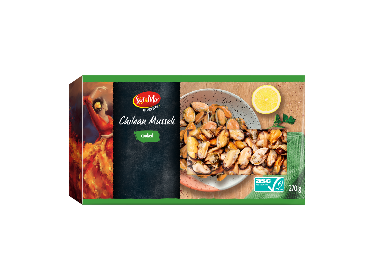 Sol & Mar Mexilhões Chilenos, cozidos, embalagem de 270g com dançarina de flamenco e mexilhões em tigela.