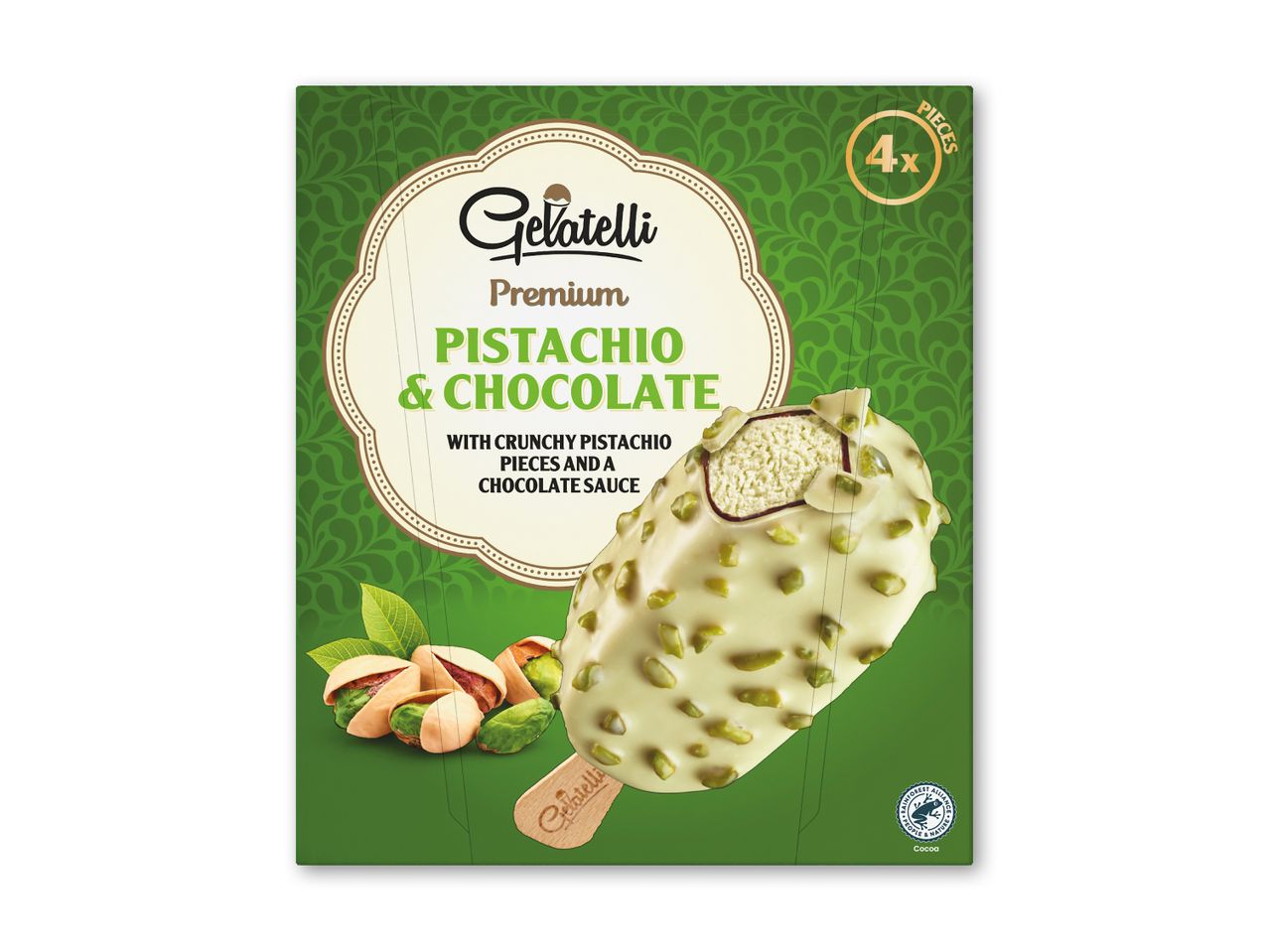 Pistacie- og chokoladeis på pind med knasende pistaciestykker og chokoladesauce.