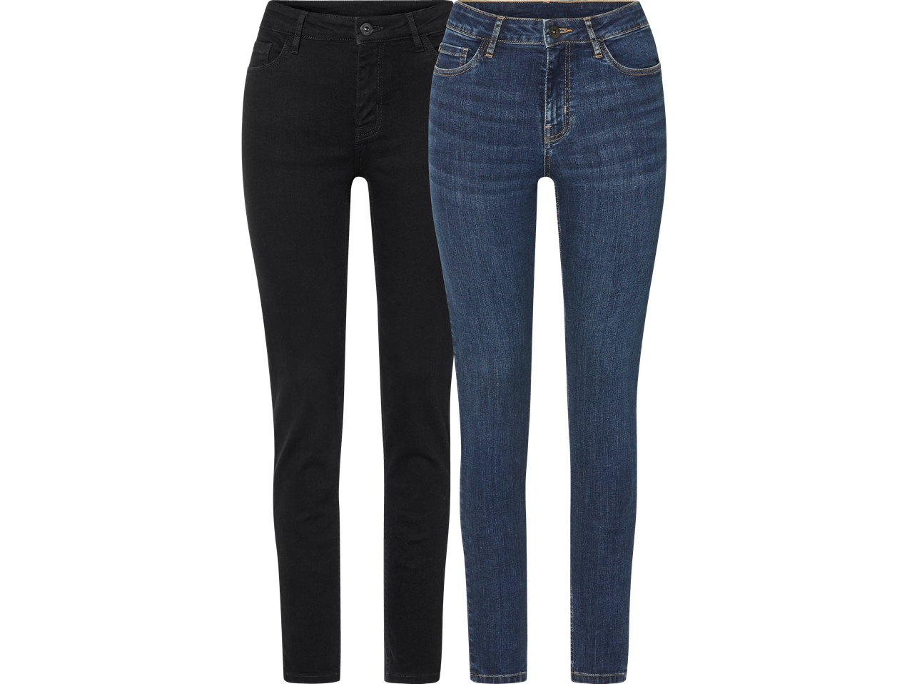Två par jeans, ett svart och ett blått, på en svart bakgrund.