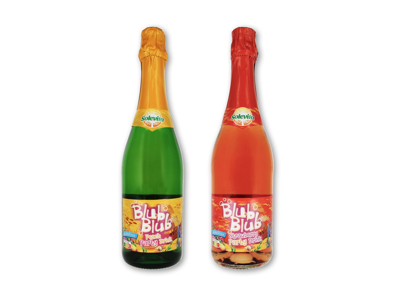 To flasker alkoholfri festdrik: fersken og jordbær.