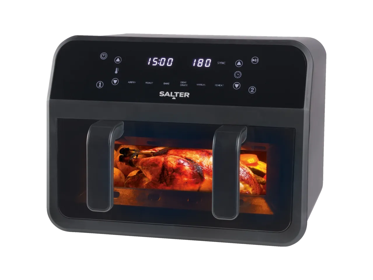 Salter Dual View 7L Air Fryer with a roasted chicken inside