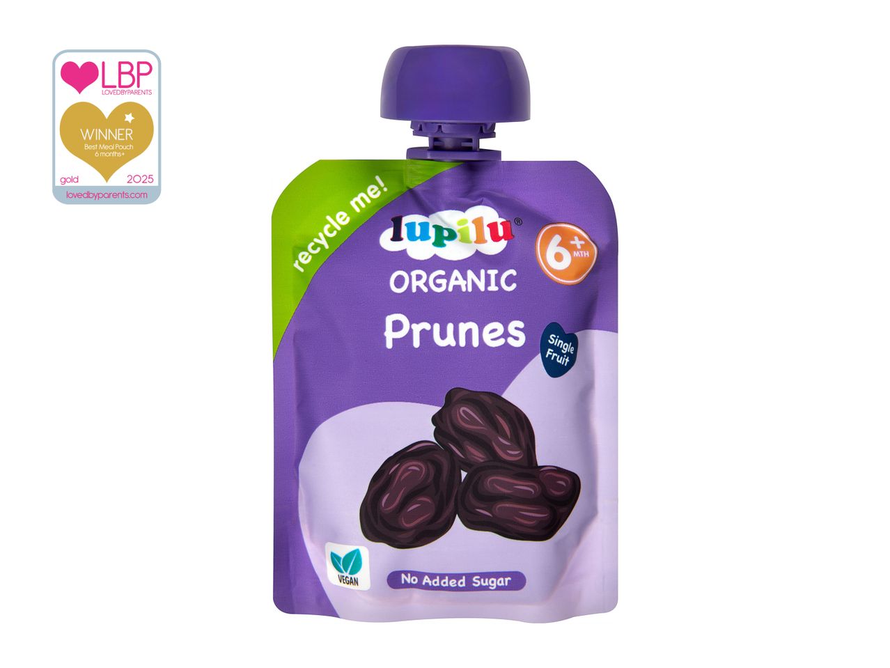 Happy Family Organics prunes baby food pouch.