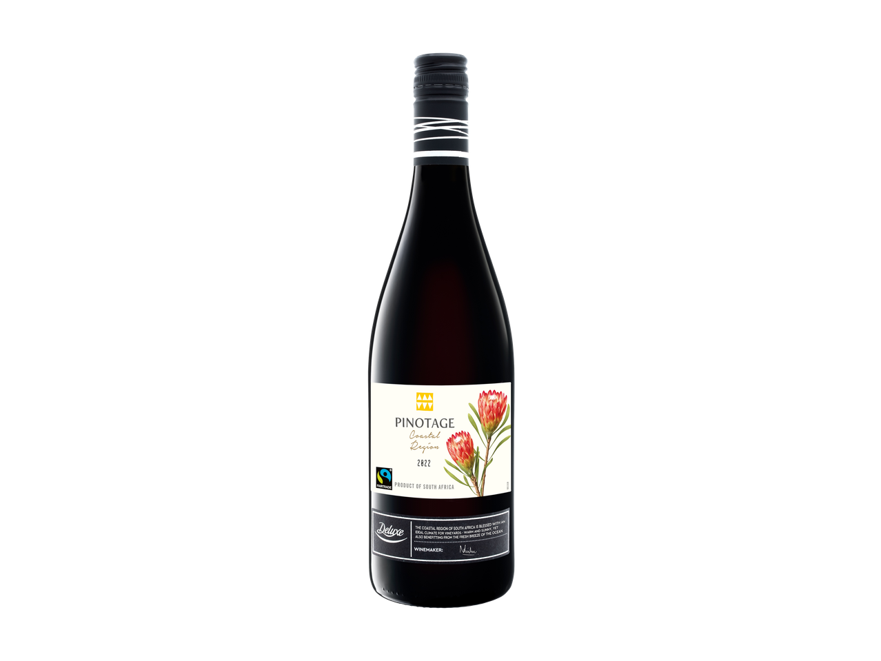 Fles Zuid-Afrikaanse rode wijn 'Pinotage Coastal Region 2022' met bloemen.